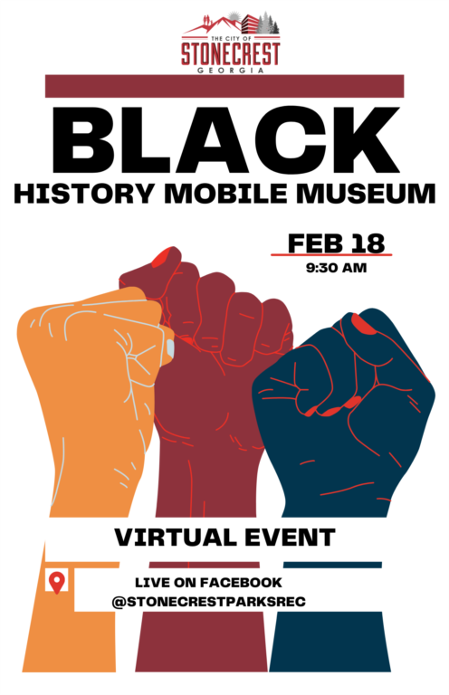 flyer promoting a virtual Black History Month mobile museum on February 17, 2022