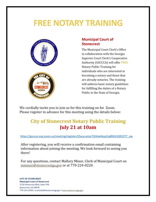 flyer for the free notary public training session on July 21, 2022