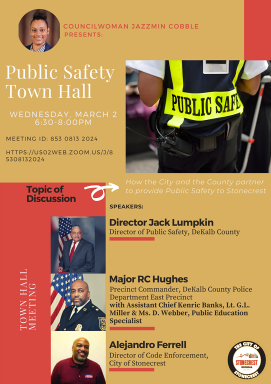 flyer for a public safety town hall meeting in the City of Stonecrest (Georgia) on March 2, 2022