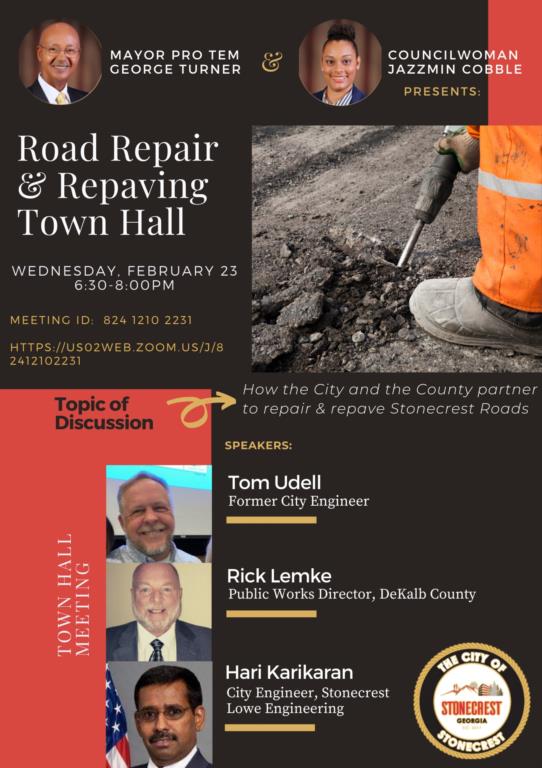 road repair and repaving promotional flyer from the City of Stonecrest. The event occurs on Wednesday, February 23, 2022