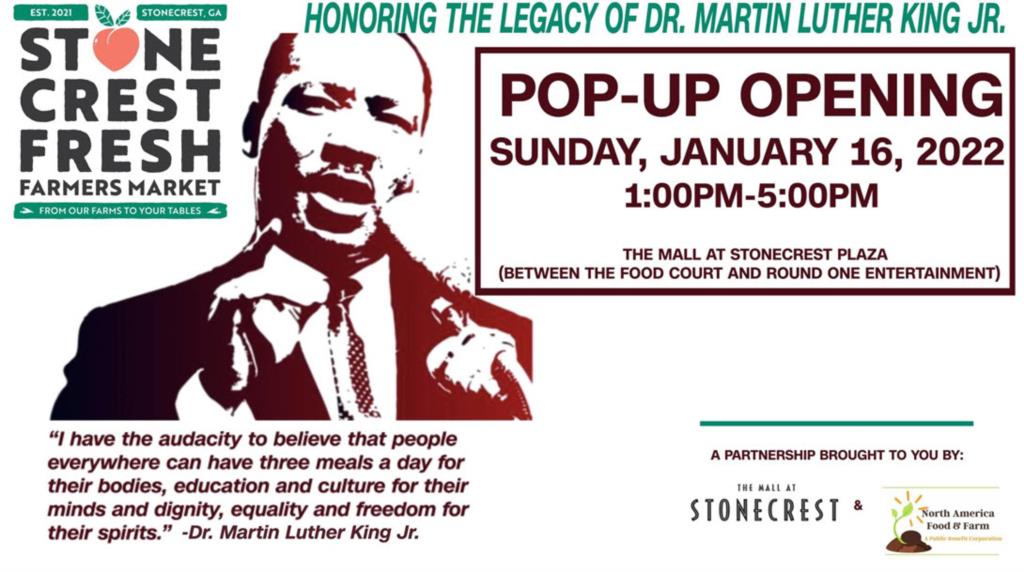 Stonecrest Fresh farmers market popup event with Dr. Martin Luther King Jr. in the design