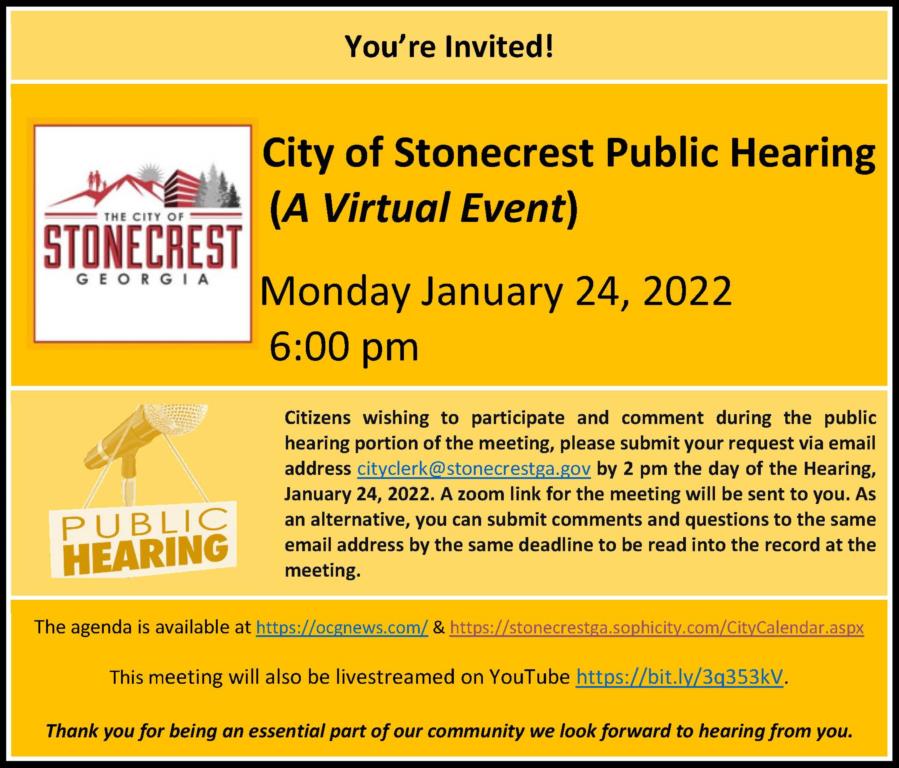 flyer for the City of Stonecrest's public hearing on January 22, 2022.