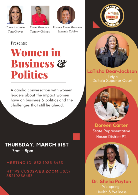 flyer promoting the town hall meeting of women in business and politics on March 31, 2022.