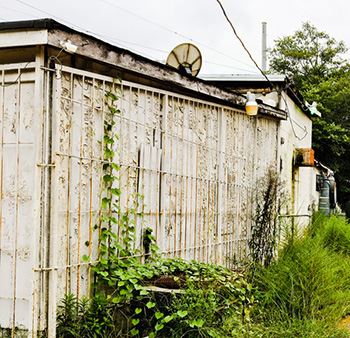 Peeling paint and weeds on buildings